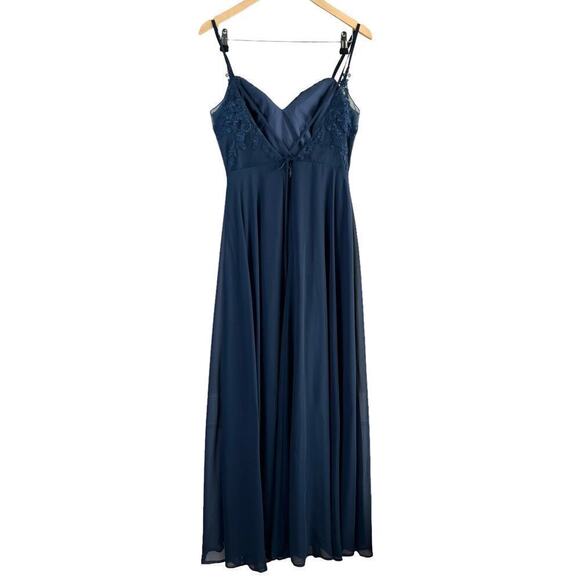 Azazie A-Line Pleated Chiffon Bridesmaid Dress Lace V Back in Navy Blue, Size A8 - Picture 9 of 13